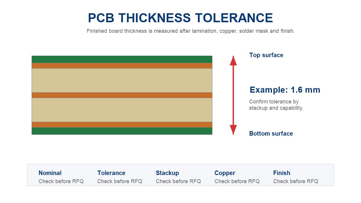 PCB thickness tolerance measurement diagram showing top and bottom surface