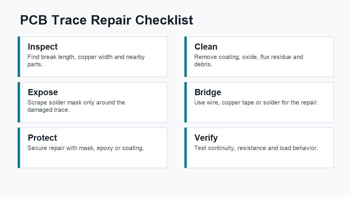 PCB trace repair checklist inspect clean expose bridge protect verify