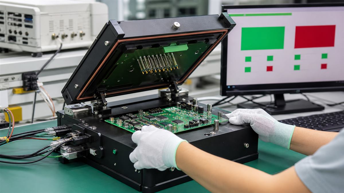 Assembled PCB being placed into a professional functional test fixture