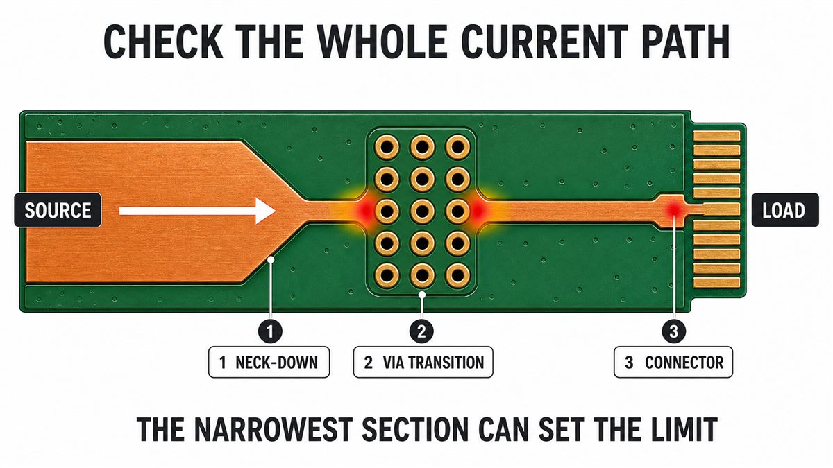 PCB power path bottlenecks at pad neck-down, vias and connector