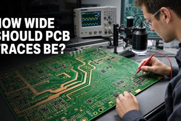 Engineer checking PCB trace widths on a circuit board
