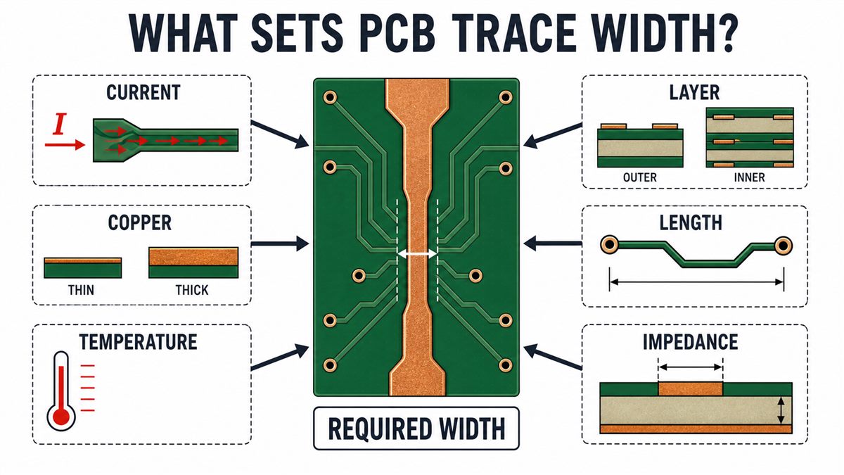 Inputs that determine PCB trace width: current, copper, temperature, layer, length and impedance
