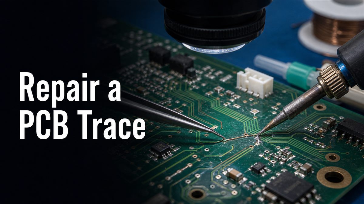Repair a PCB trace with soldering iron and fine wire under magnification
