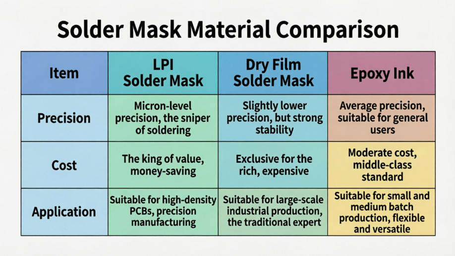 Comparison of liquid photoimageable LPI, dry film, and screen-printed epoxy solder mask types