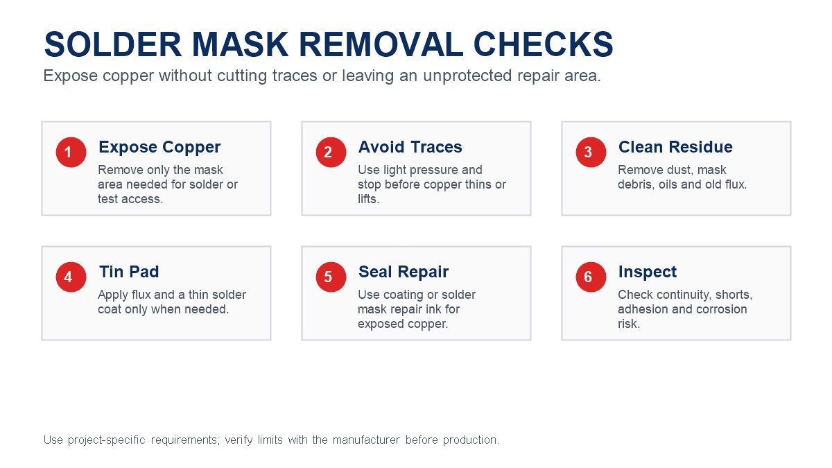Solder mask removal checks for PCB repair