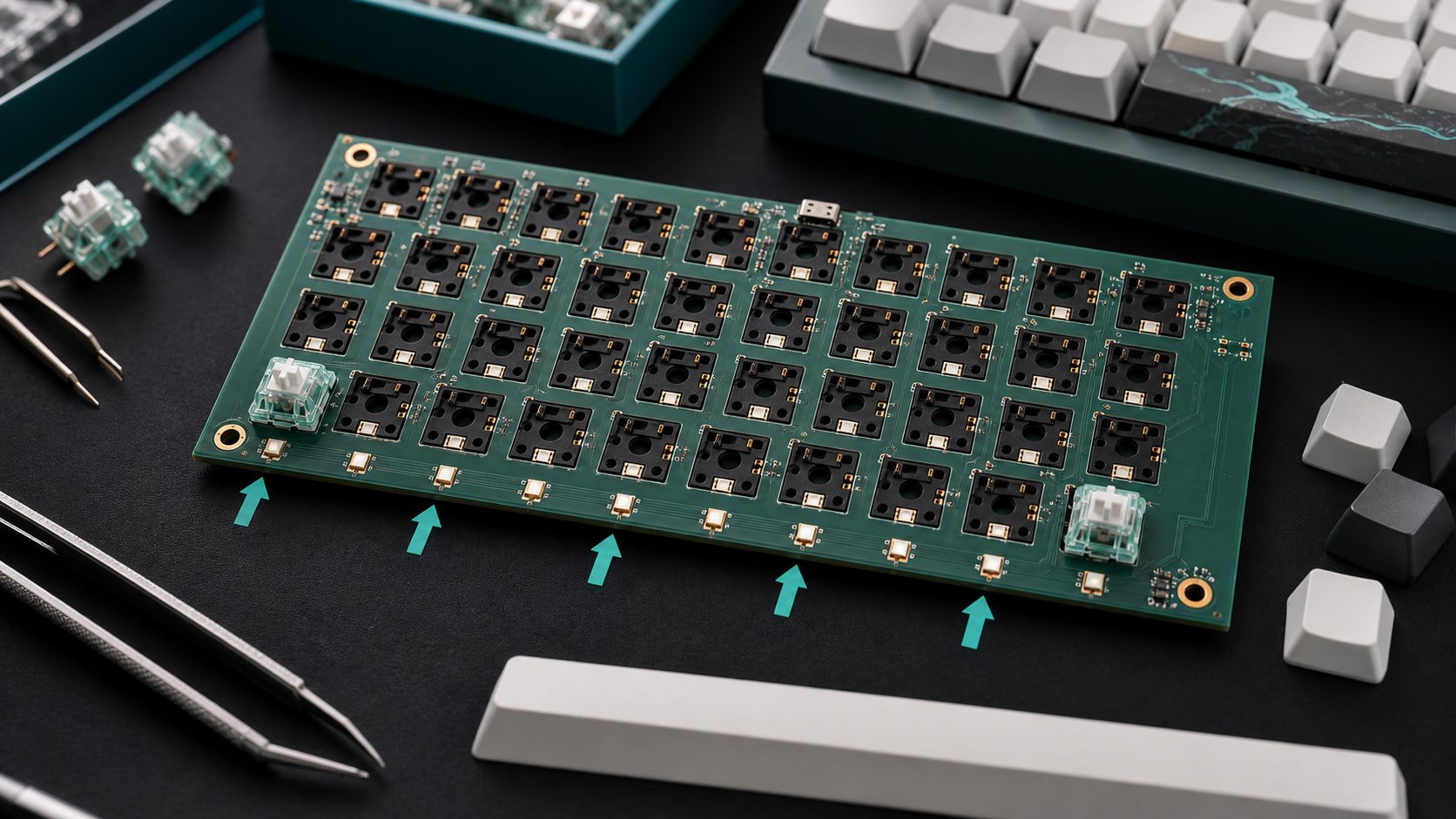 South-facing mechanical keyboard PCB showing switch orientation toward the spacebar side