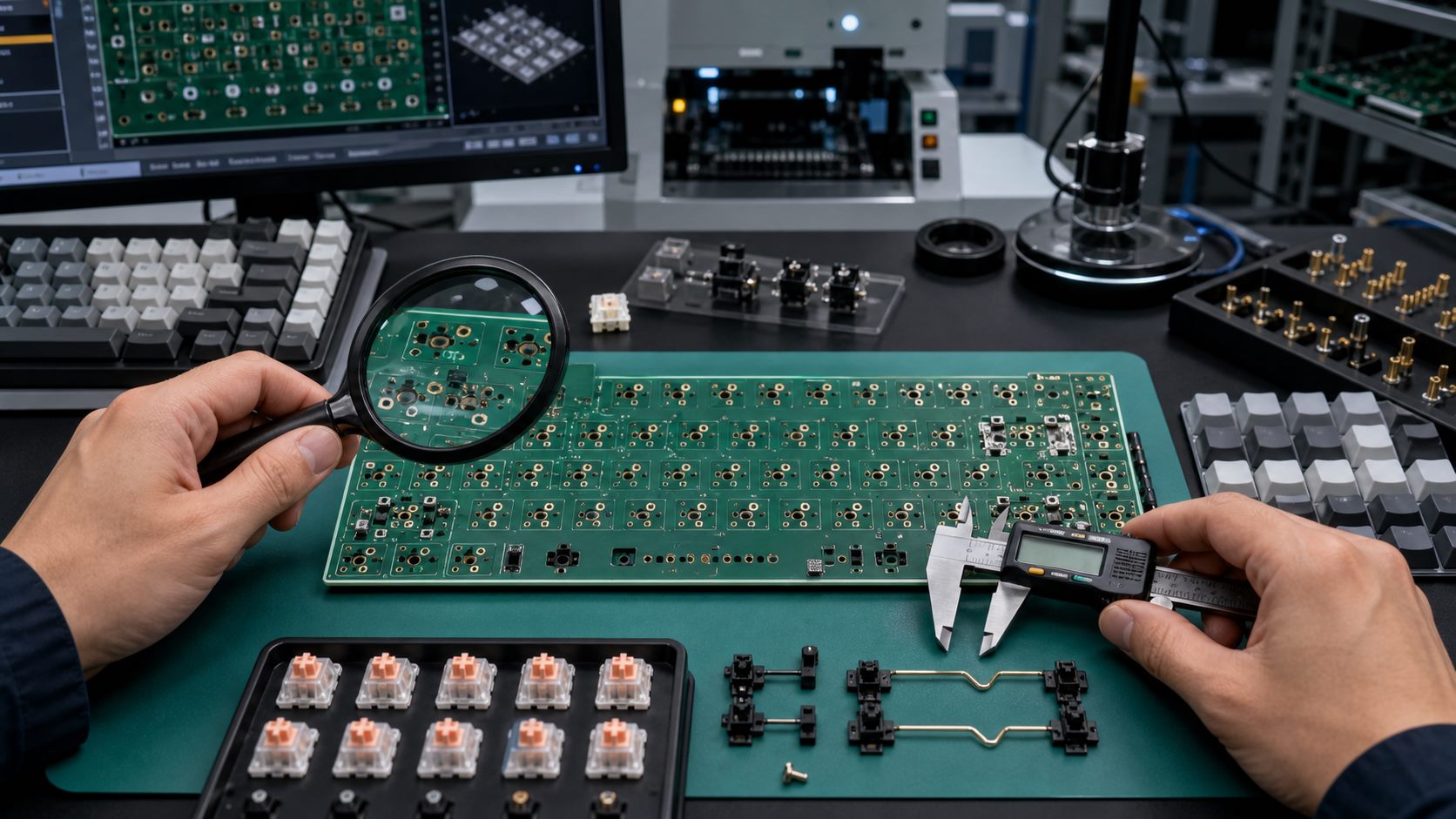 Engineer inspecting south-facing keyboard PCB sockets and switch orientation before assembly