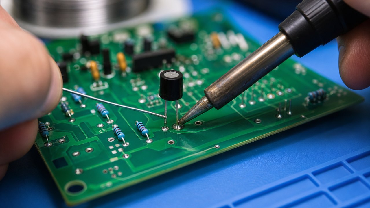 Close-up of soldering a through-hole component lead on a PCB board with a fine soldering iron tip