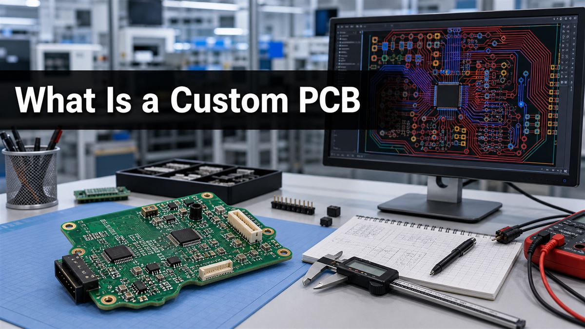 What Is a Custom PCB title over an electronics workbench with a custom PCB and PCB layout screen