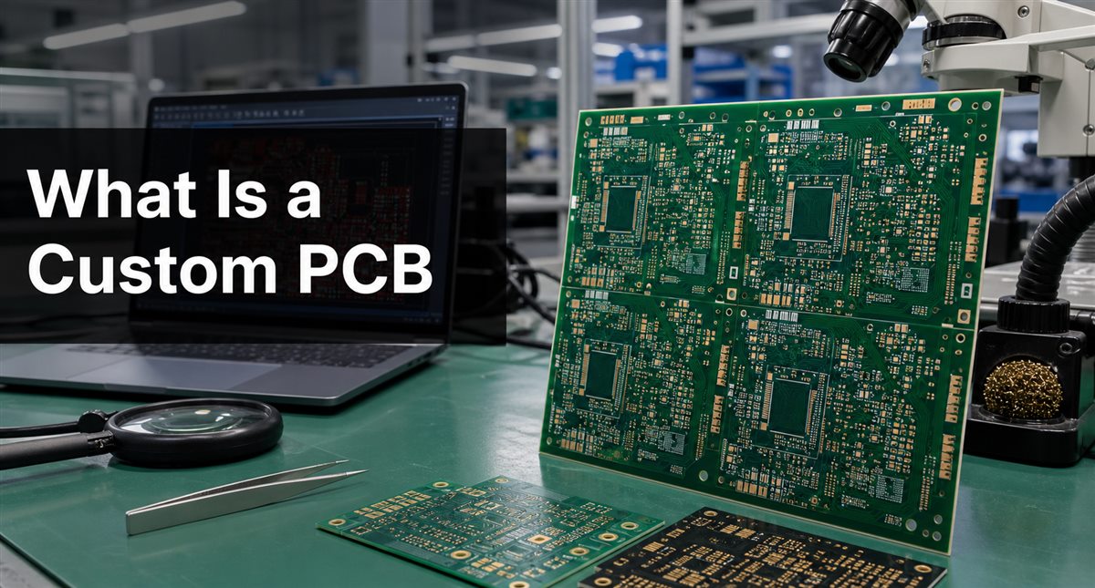 Custom PCB panels on an electronics manufacturing workbench with title overlay