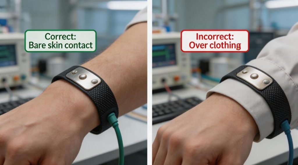 Comparison photos of correct ESD wrist strap worn on bare skin versus incorrect placement over clothing