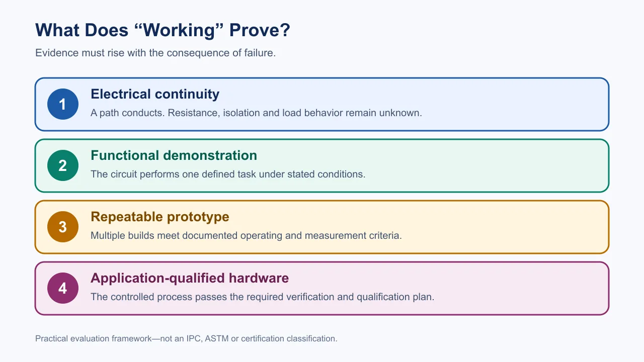 Four evidence levels for evaluating whether a 3D-printed circuit is working