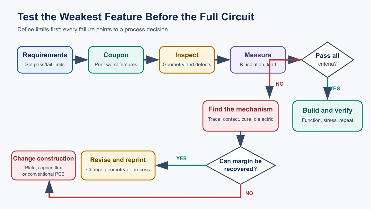 Decision flow for testing the weakest feature of a 3D-printed circuit before a complete build