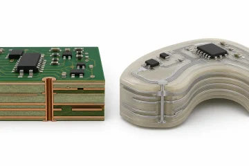 Cutaway comparison of a conventional multilayer FR-4 PCB and a curved additively manufactured electronic circuit
