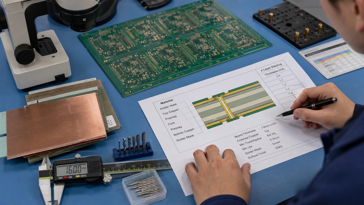 4 layer PCB stackup DFM review with fabrication drawing and calipers