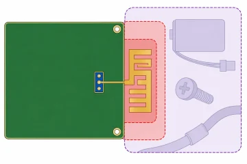 Text-free conceptual 433 MHz PCB antenna map showing green ground copper, a blue configurable matching footprint, gold feed and radiator, a red copper-clearance boundary, and a larger purple mechanical-clearance boundary containing faded product hardware.