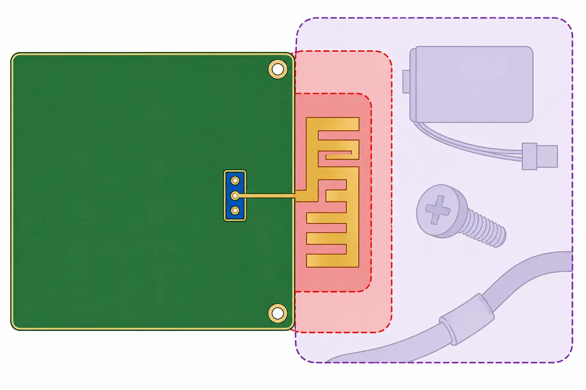 Text-free conceptual 433 MHz PCB antenna map showing green ground copper, a blue configurable matching footprint, gold feed and radiator, a red copper-clearance boundary, and a larger purple mechanical-clearance boundary containing faded product hardware.