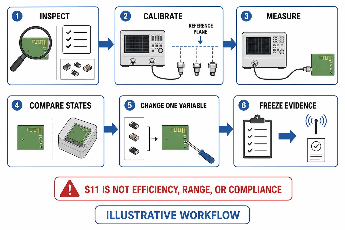 Illustrative six-step workflow to inspect antenna geometry, calibrate at the reference plane, measure, compare product states, change one variable and freeze evidence.
