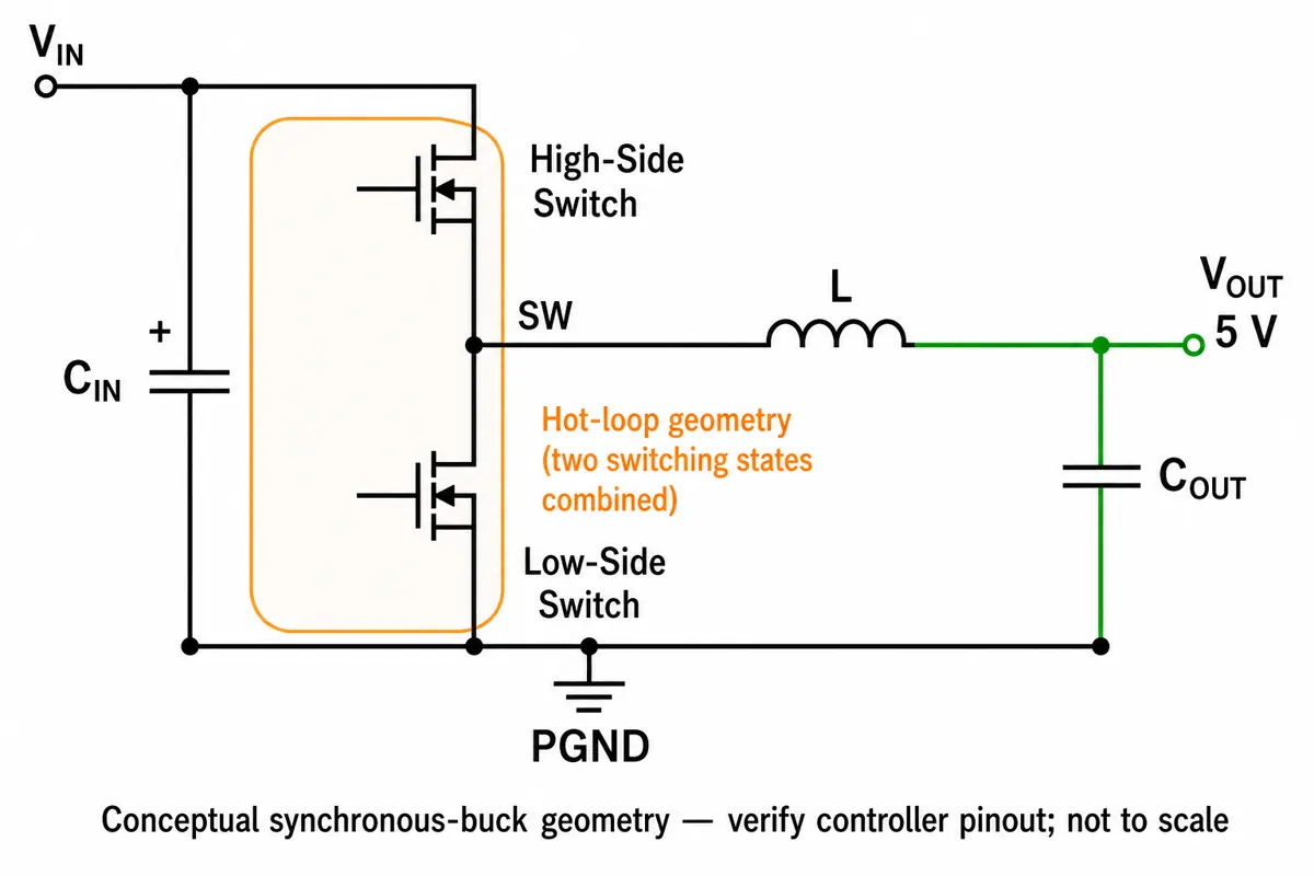 Conceptual synchronous buck schematic showing VIN, local input capacitor, high-side and low-side switches, switch node, inductor, output capacitor, 5V output and the combined switching-state hot-loop geometry.
