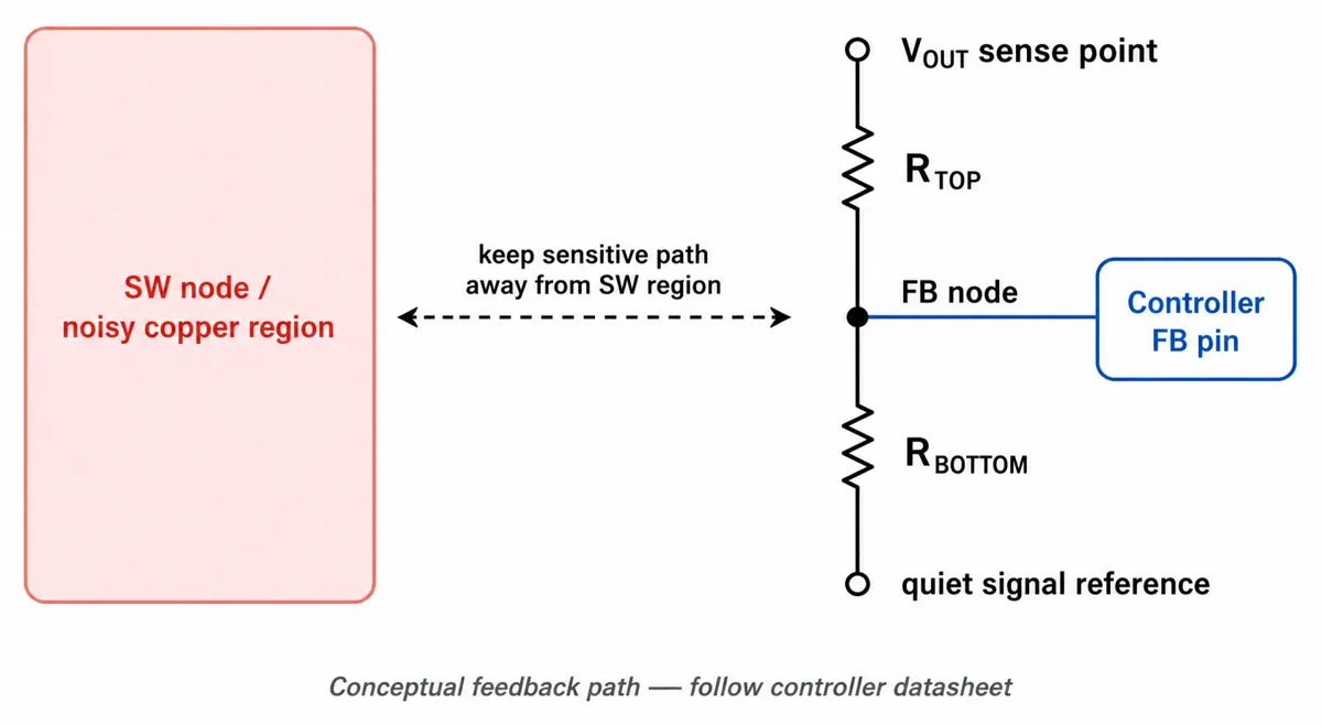 Conceptual feedback divider showing VOUT sense point, top and bottom resistors, feedback node, controller feedback pin, quiet signal reference and separation from the switch-node copper region.