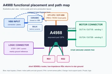 Illustrative A4988 placement map separating VBB input capacitors, motor output pairs, sense resistors, star ground, local charge-pump and regulator parts, and logic connector.