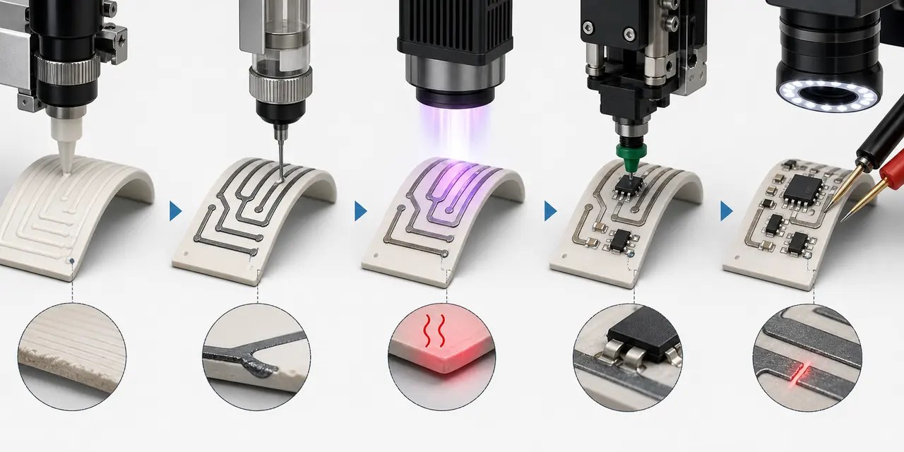 Five-stage workflow for printing a dielectric, depositing and curing conductors, attaching components and inspecting a 3D circuit