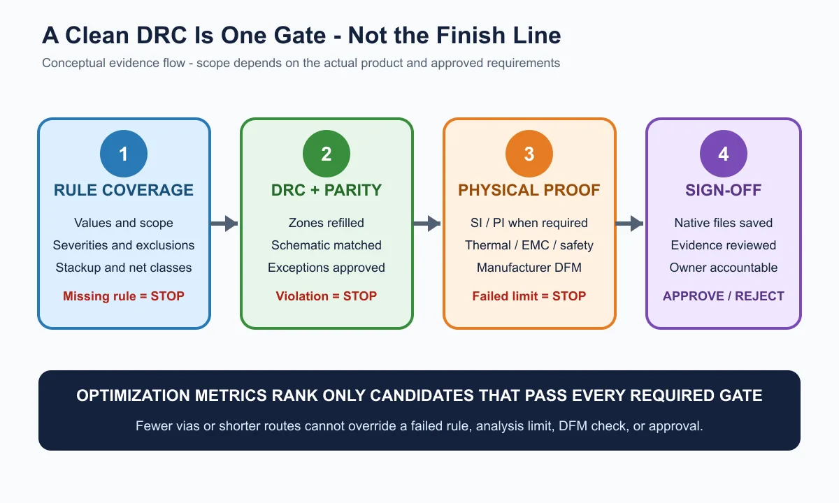 Conceptual four-gate verification flow covering rule coverage, DRC and schematic parity, required physical and manufacturing evidence, and accountable engineering sign-off.