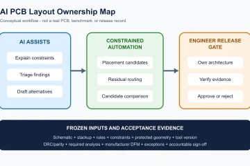 Conceptual AI PCB layout workflow separating AI assistance, constrained placement and routing automation, and the engineer-owned release gate over frozen inputs and acceptance evidence.