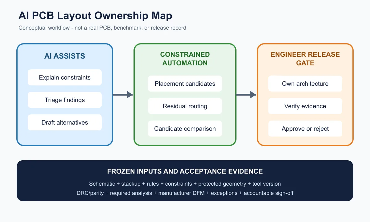 Conceptual AI PCB layout workflow separating AI assistance, constrained placement and routing automation, and the engineer-owned release gate over frozen inputs and acceptance evidence.
