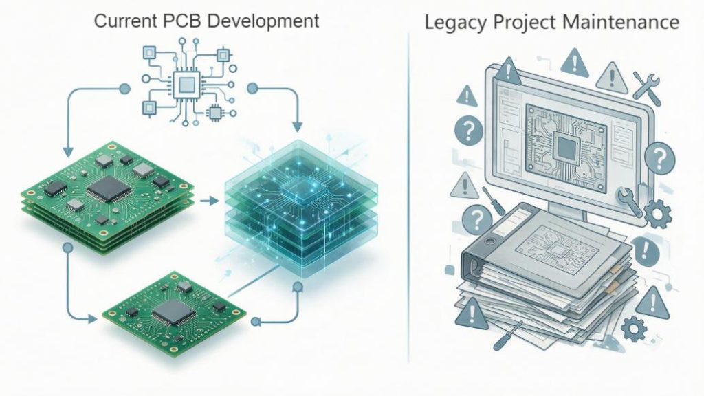 An infographic comparing the current modern PCB development workflow and the legacy project maintenance risks