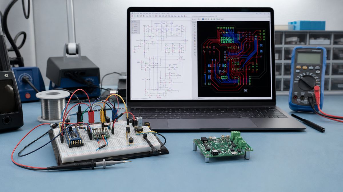 Working breadboard beside schematic, PCB layout and manufactured prototype