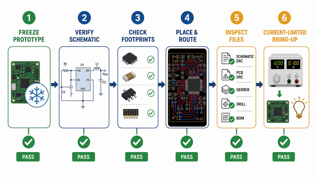 Breadboard to PCB workflow with verification gates from circuit capture to first power-up
