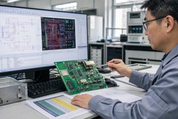 Engineer reviewing schematic PCB layout and physical board at an engineering workstation