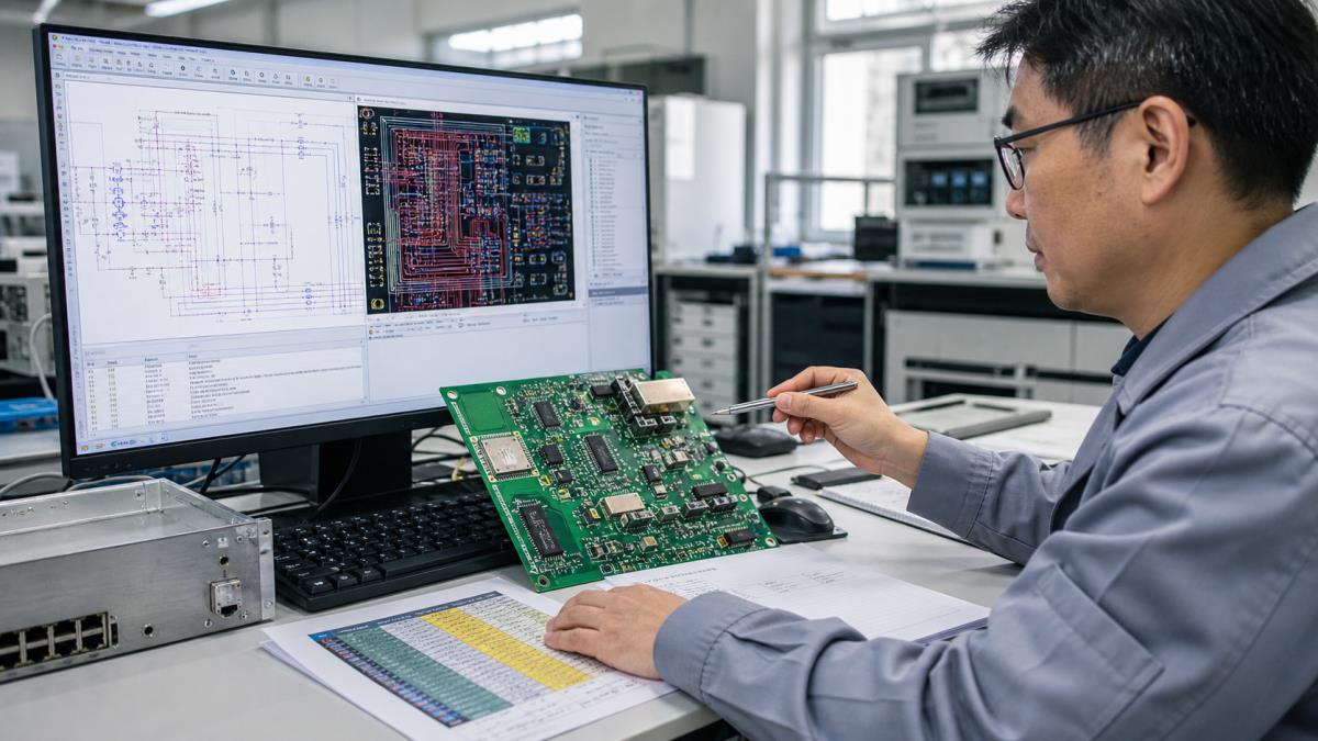 PCB designer reviewing schematic layout stackup and enclosure constraints at an engineering workstation