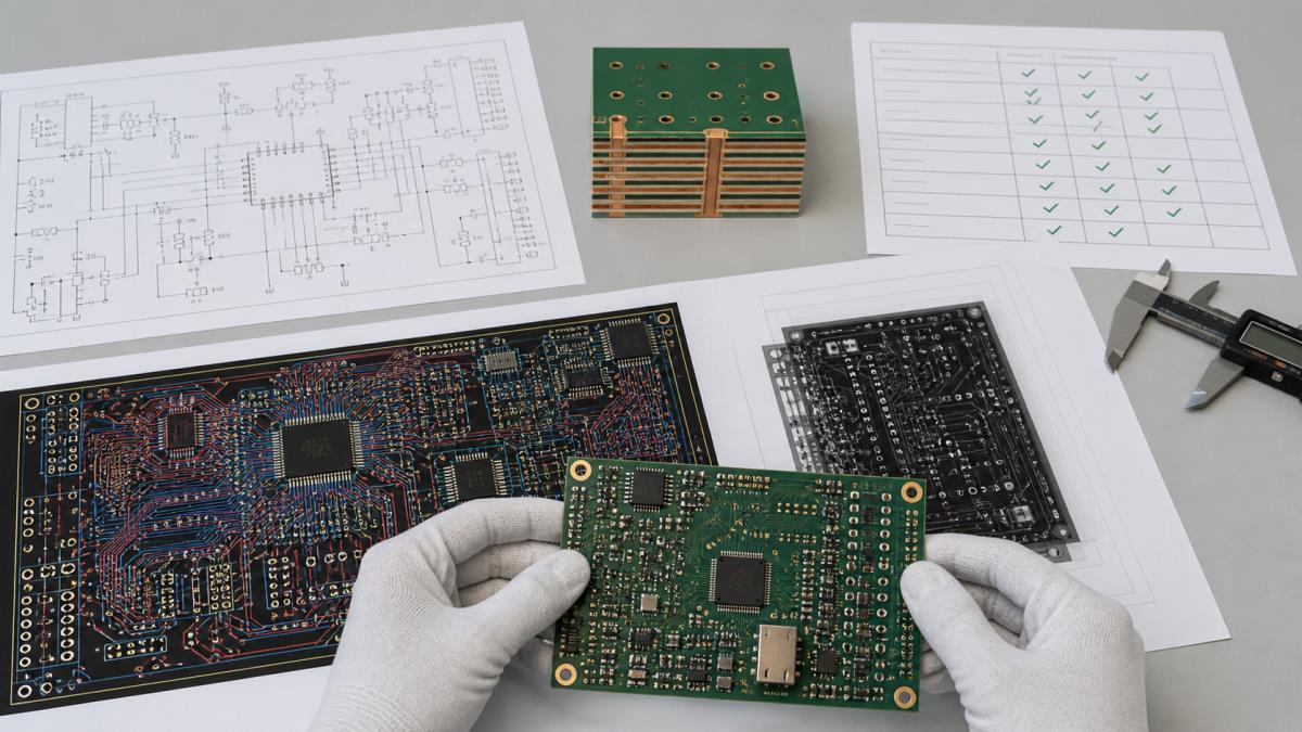 PCB design review package showing schematic stackup layout DFM checklist and release files