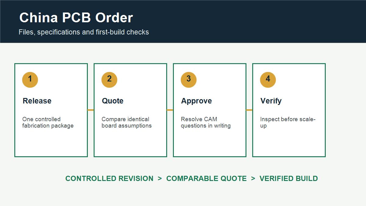 Four-stage China PCB order workflow from file release to first-build verification