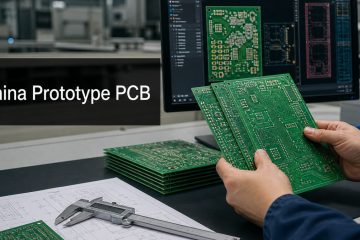 PCB engineer inspecting prototype bare circuit boards at a manufacturing workbench