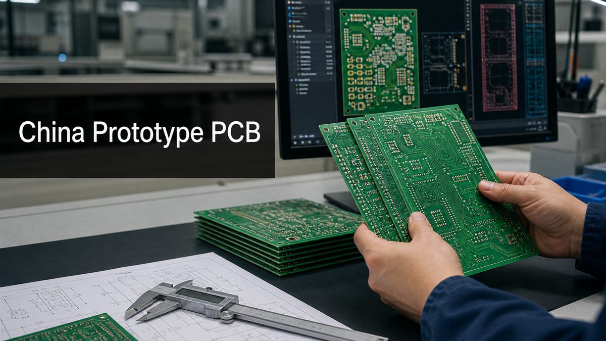 PCB engineer inspecting prototype bare circuit boards at a manufacturing workbench