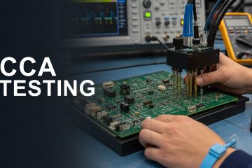 Real circuit card assembly testing workbench with populated PCB and test probes