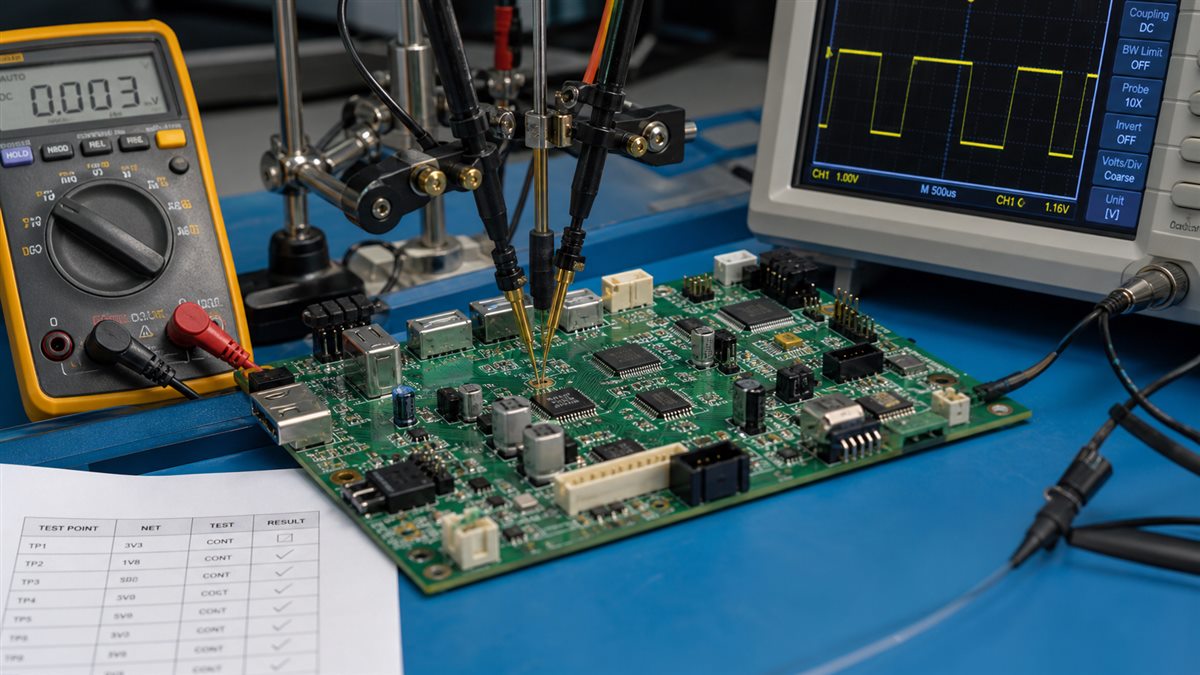 Real circuit card assembly testing workbench with probes and populated PCB