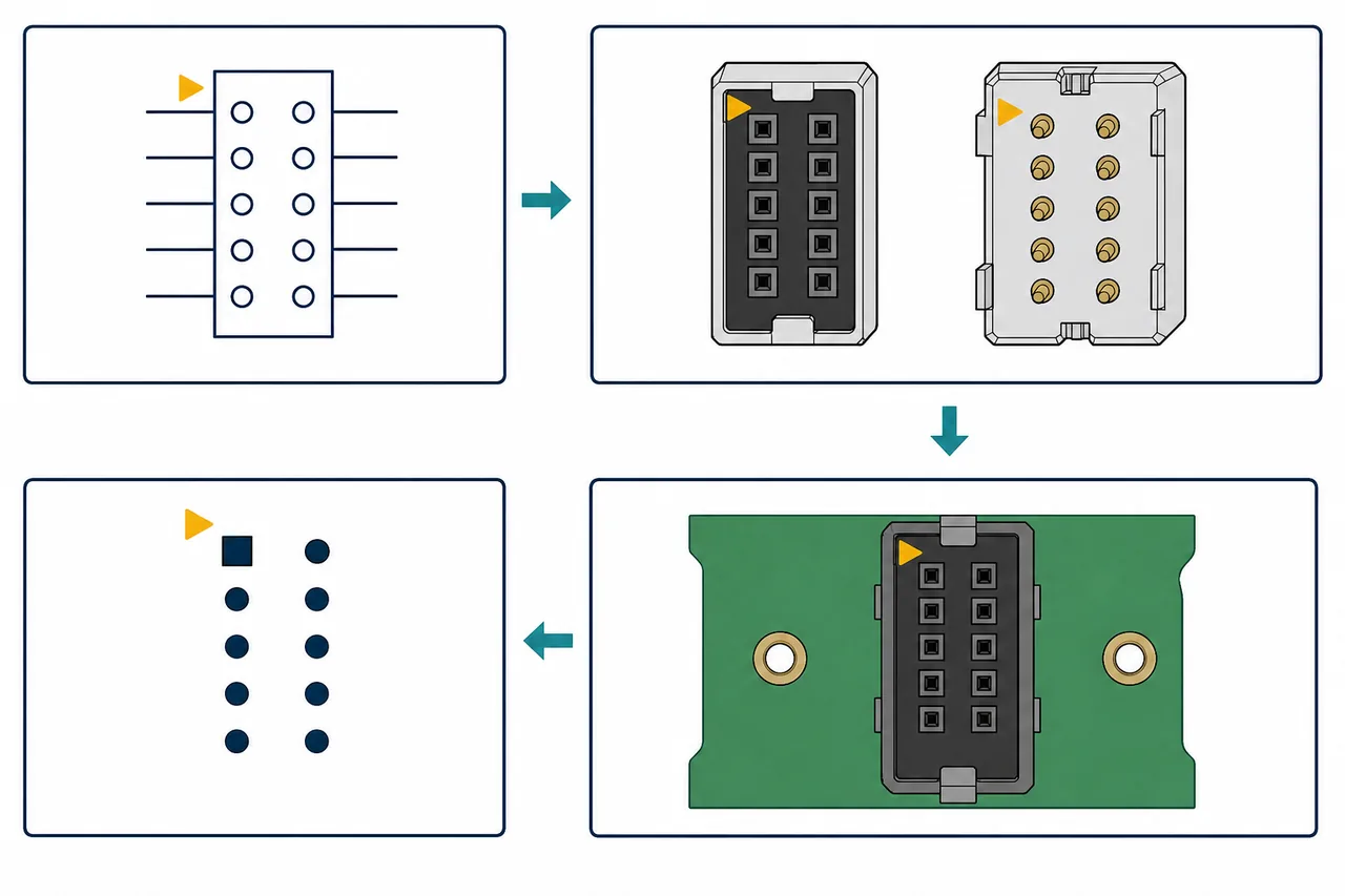 Illustrative ten-position connector compared across schematic, two manufacturer drawing viewpoints, PCB footprint, and physical board using matching pin-one markers.