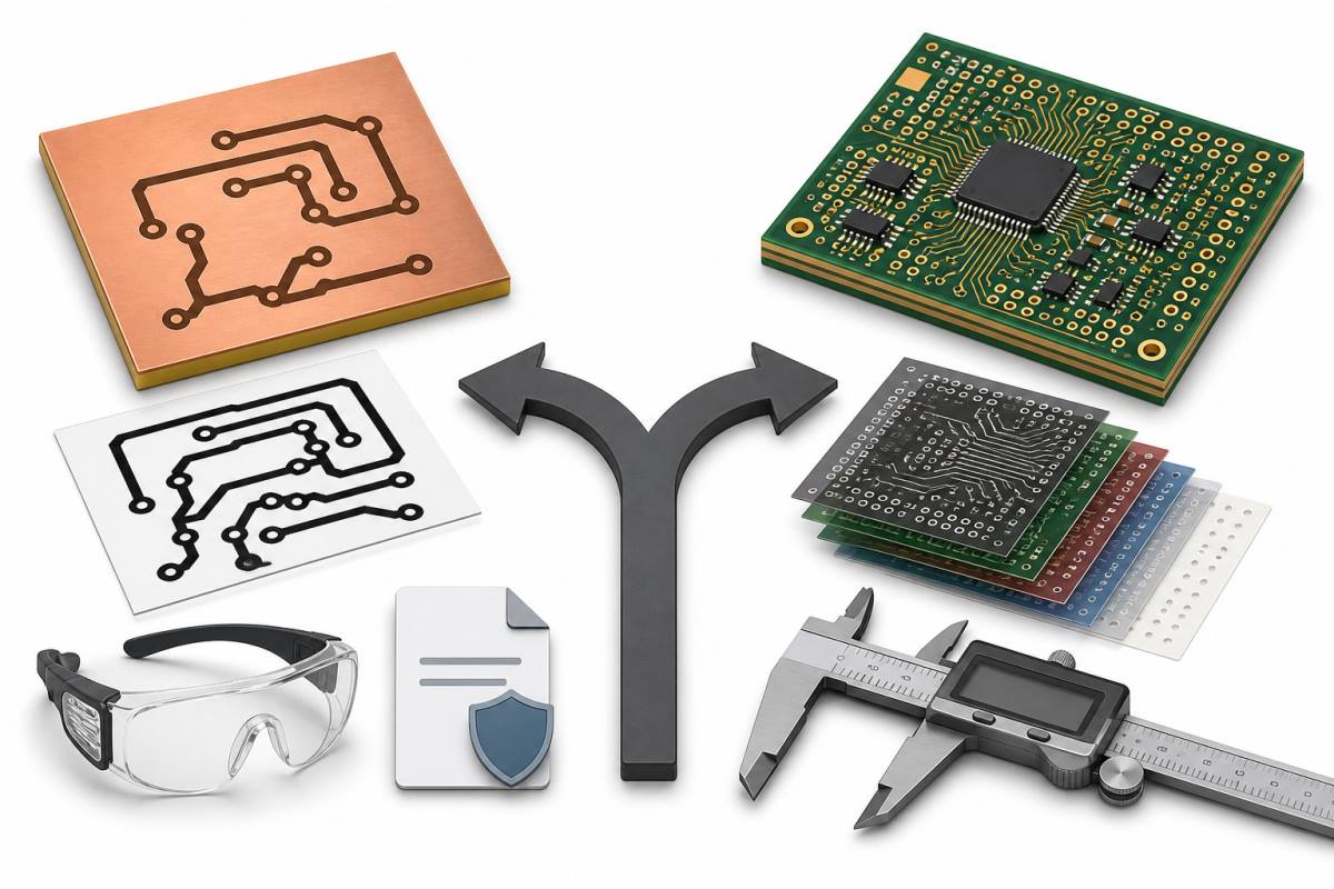 Decision illustration comparing a simple single-sided PCB process with a dense board that needs fabricated PCB controls.
