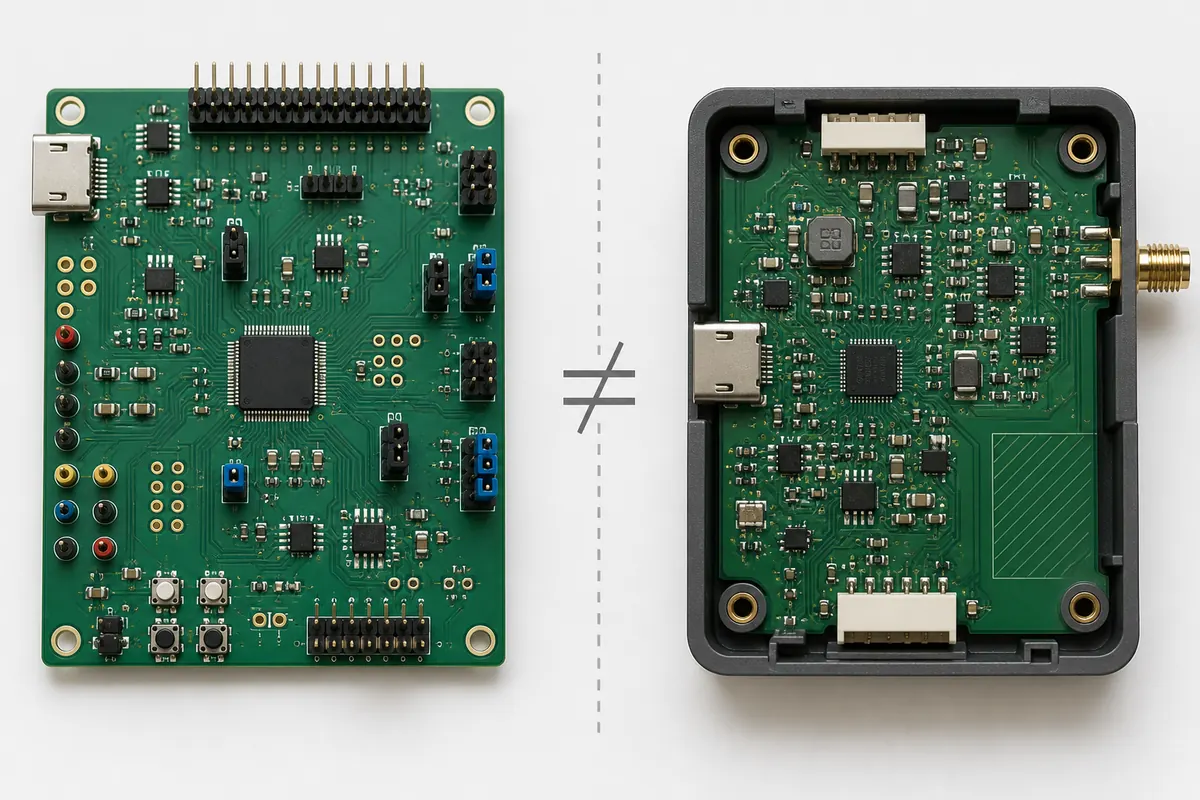 Top-down conceptual comparison of a feature-rich evaluation board and a compact custom PCB in an enclosure