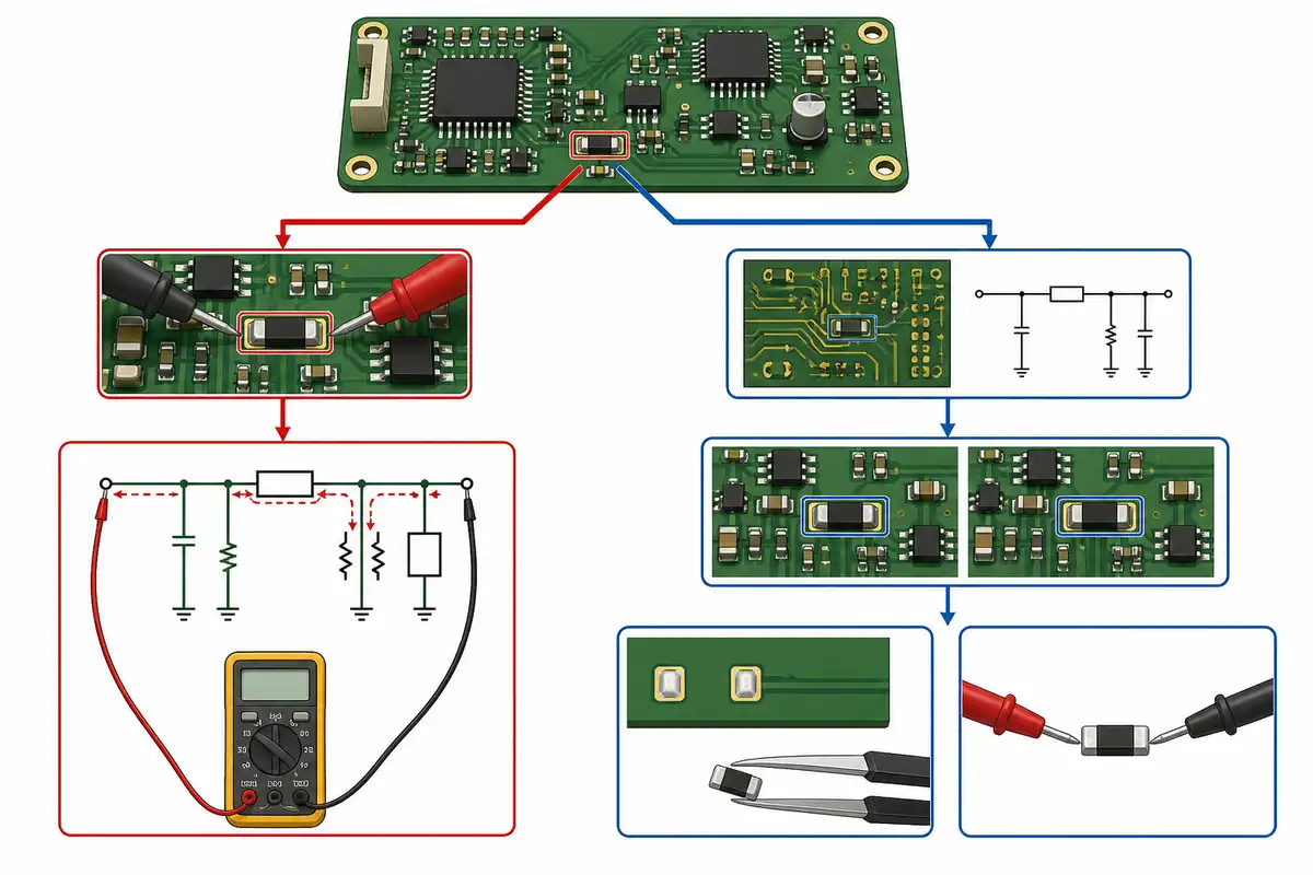 Comparison of a preliminary PCB observation with confirmation using documented requirements, controlled measurement and known-good evidence