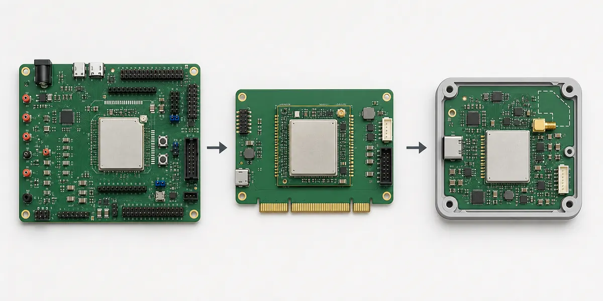 Three conceptual hardware paths from evaluation board to module on carrier and fully custom PCB