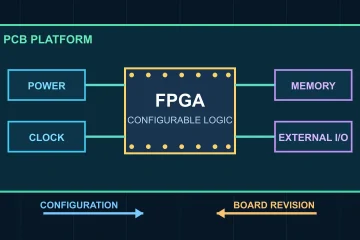 Minimal dark diagram showing an FPGA within a PCB platform connected to power, clock, memory and external I/O