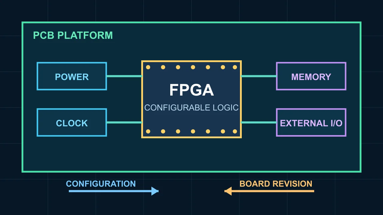 Minimal dark diagram showing an FPGA within a PCB platform connected to power, clock, memory and external I/O
