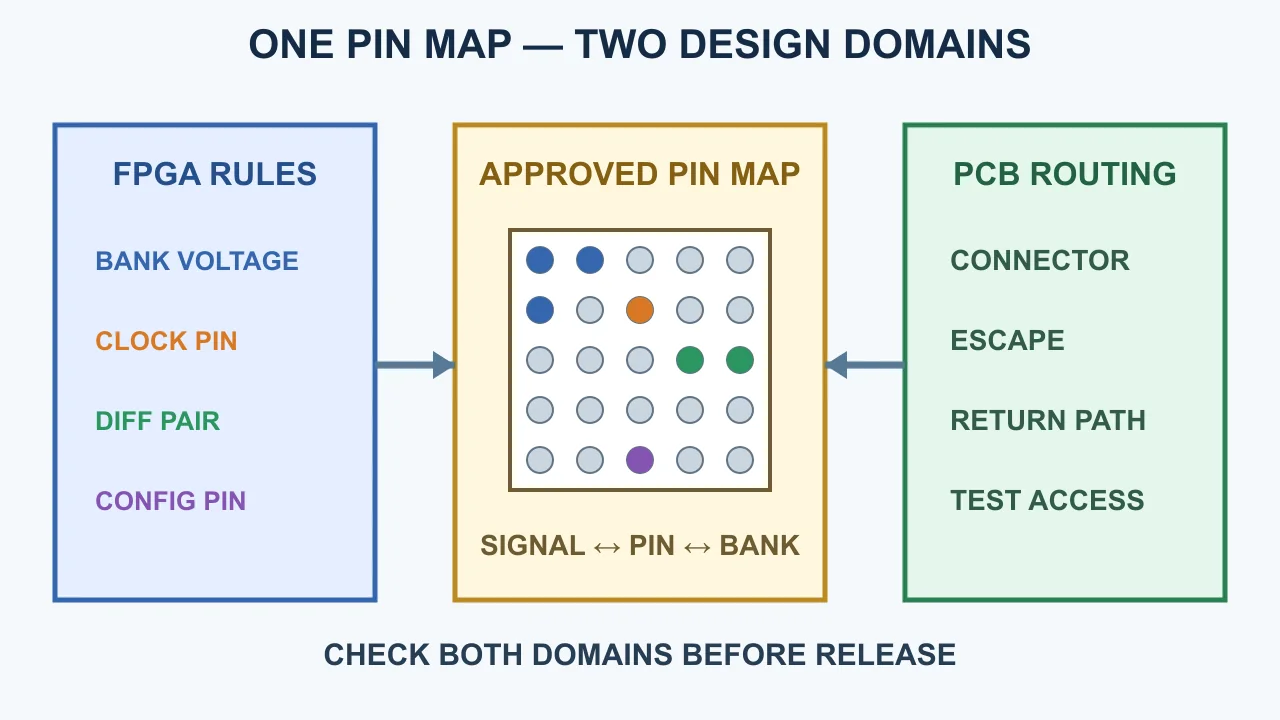 Illustrative BGA pin matrix linking color-coded FPGA pin constraints to PCB routing constraints before release