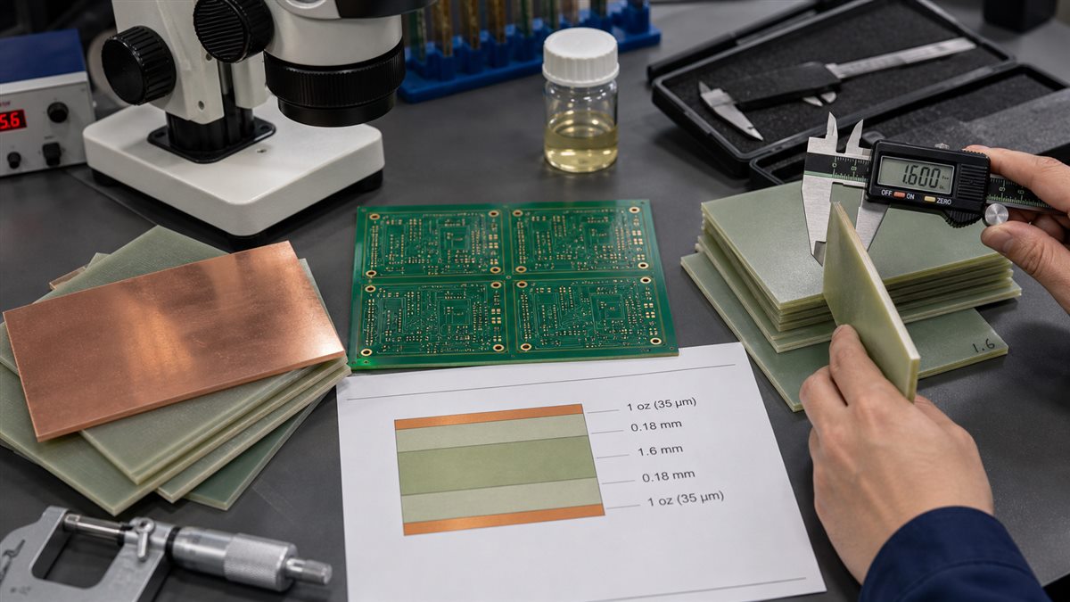 FR4 PCB material selection with laminate copper clad board and calipers