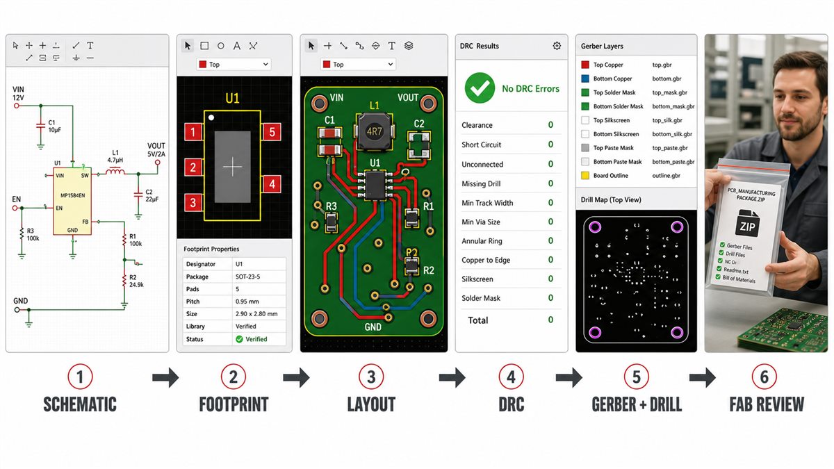 Fusion 360 PCB workflow from schematic and footprint verification through layout, DRC, Gerber and fabrication review